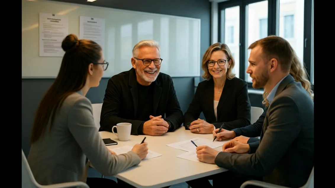 Unternehmerpaar im vertrauensvollen Gespräch mit Beratern